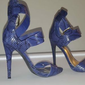 Blue and black snakeskin look open toe heel